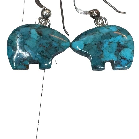 Vintage Carved Bear Fetish Sterling Silver 925 Turquoise Bear Earrings Dangle - Picture 2 of 7